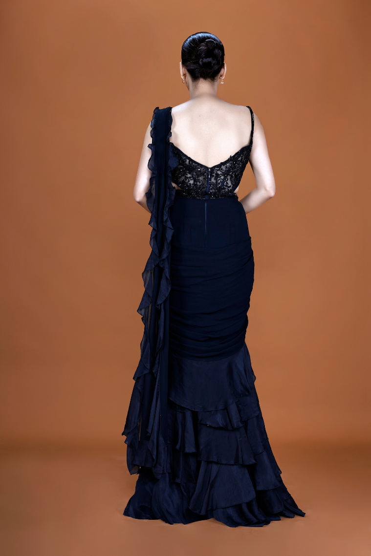 Opulent Black Frill Saree with Sequin Corset Elegance - NSL FASHION PVT LTD
