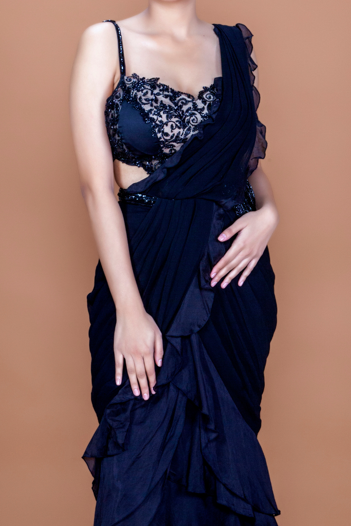 Opulent Black Frill Saree with Sequin Corset Elegance - NSL FASHION PVT LTD