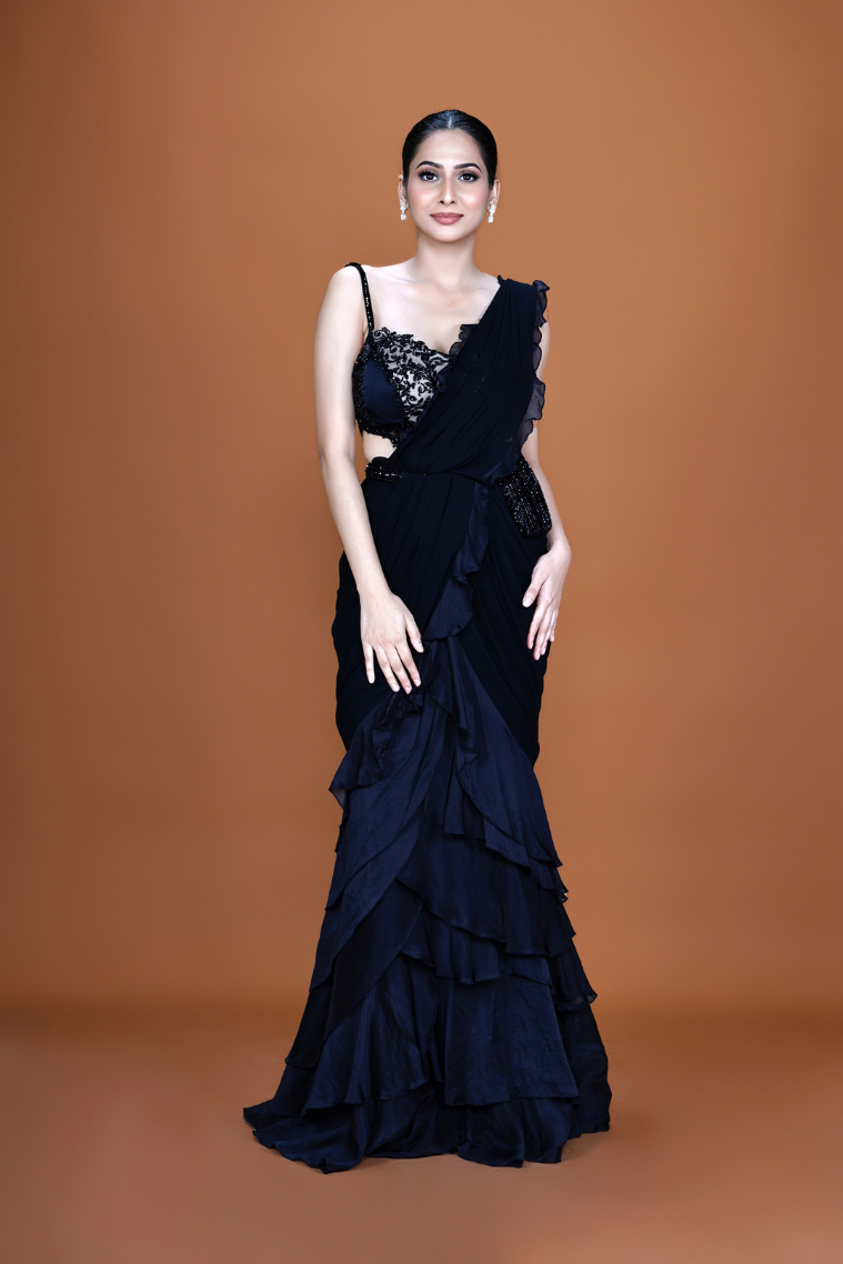 Opulent Black Frill Saree with Sequin Corset Elegance - NSL FASHION PVT LTD