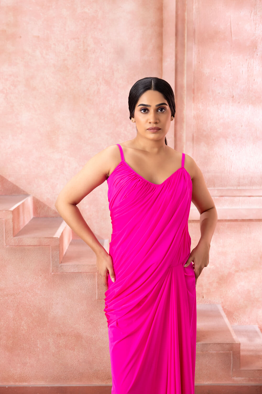 Sakura - Fuchsia Pink Draped Gown - NSL FASHION PVT LTD