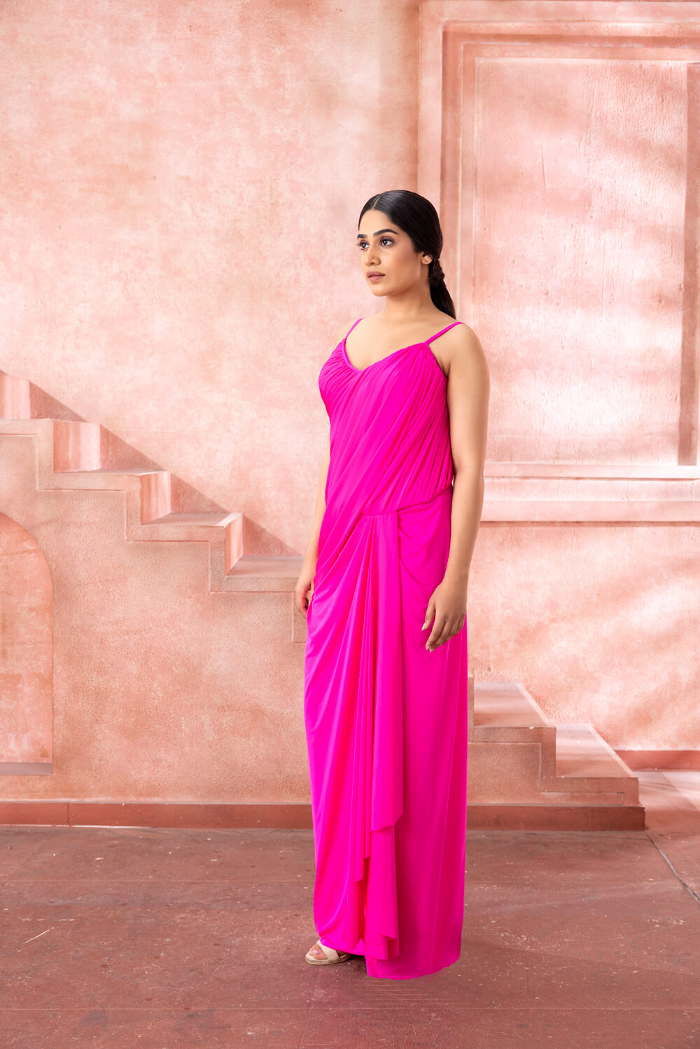 Sakura - Fuchsia Pink Draped Gown - NSL FASHION PVT LTD