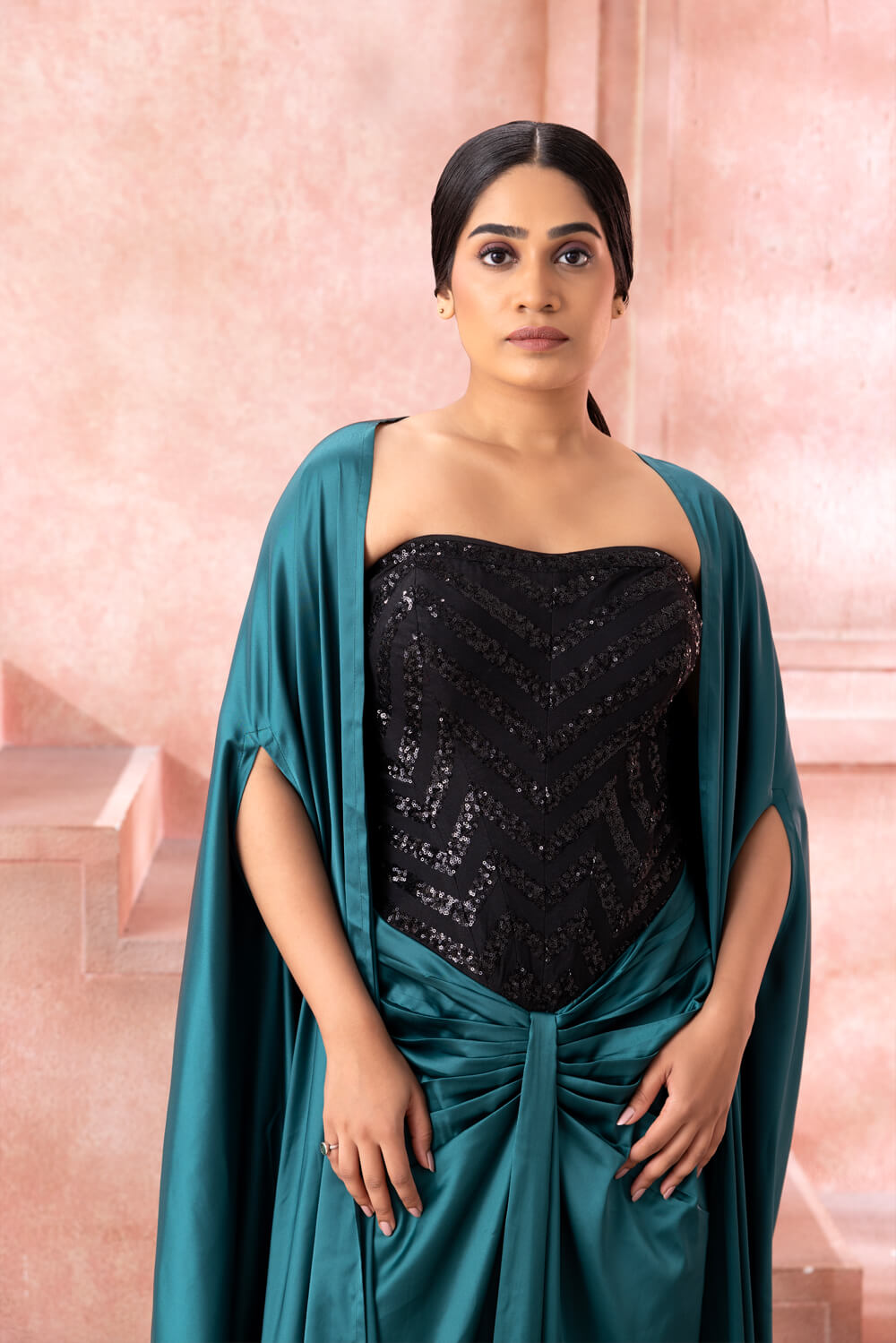Samaira- Teal gown with cape - NSL FASHION PVT LTD