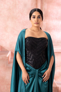 Samaira- Teal gown with cape - NSL FASHION PVT LTD