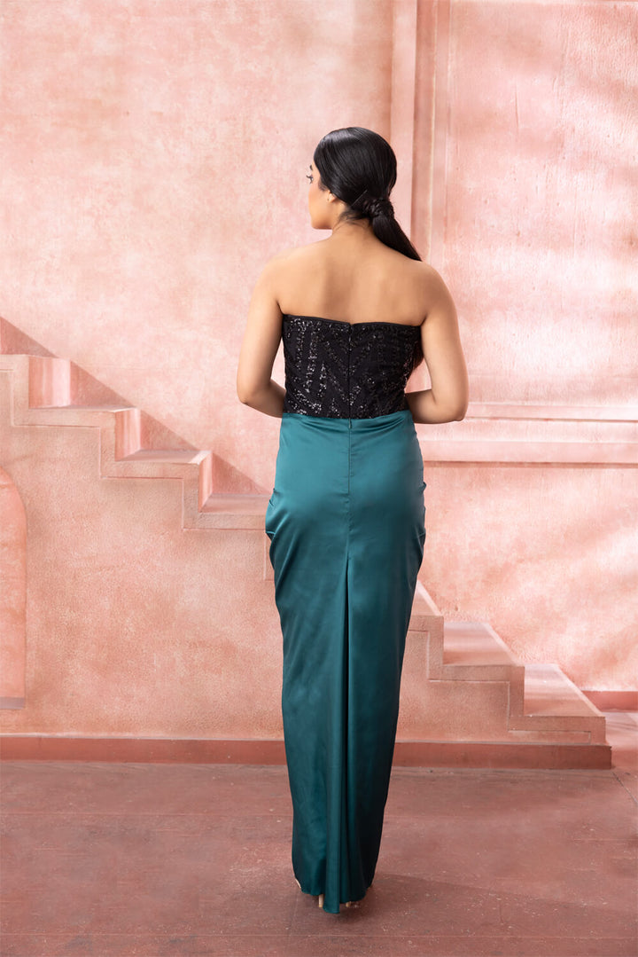 Samaira- Teal gown with cape - NSL FASHION PVT LTD