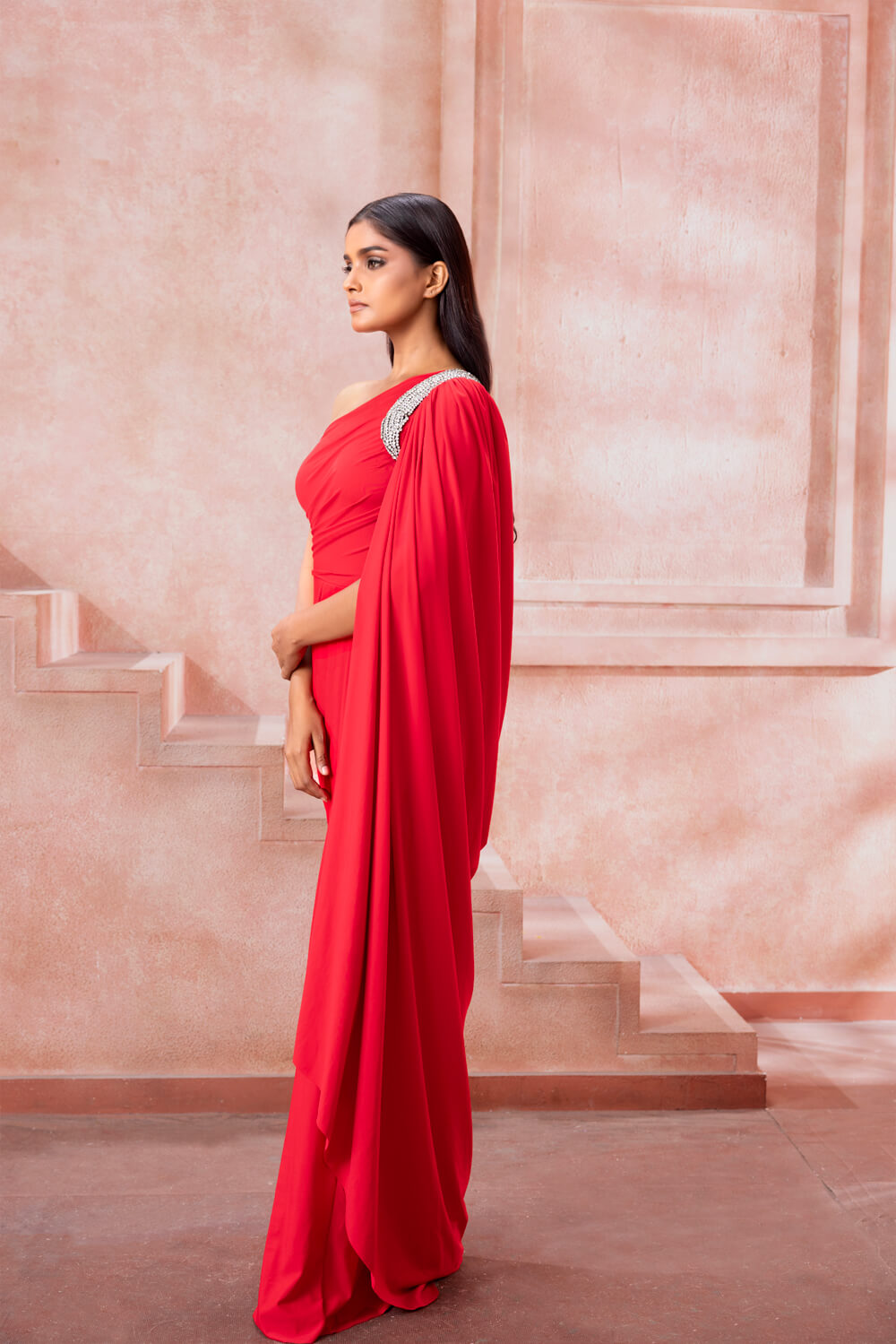 Scarlet - Scarlet Red One Shoulder Gown - NSL FASHION PVT LTD