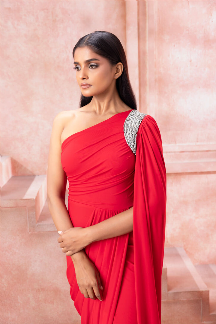 Scarlet - Scarlet Red One Shoulder Gown - NSL FASHION PVT LTD