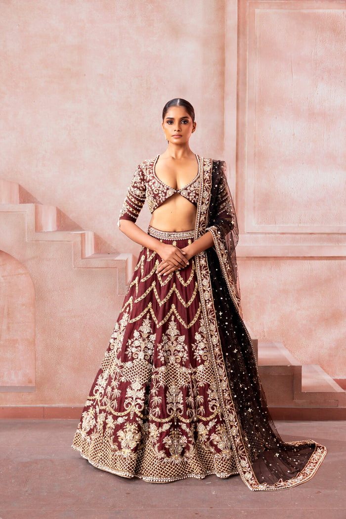 Sitara- Cocoa Maroon Lehenga - NSL FASHION PVT LTD