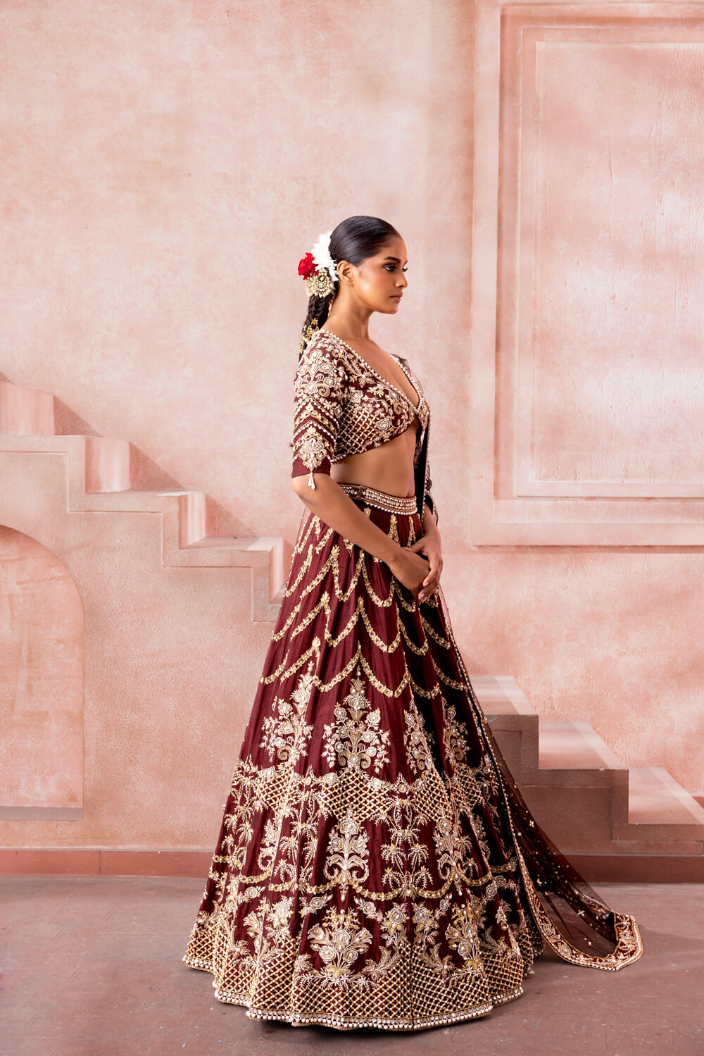 Sitara- Cocoa Maroon Lehenga - NSL FASHION PVT LTD