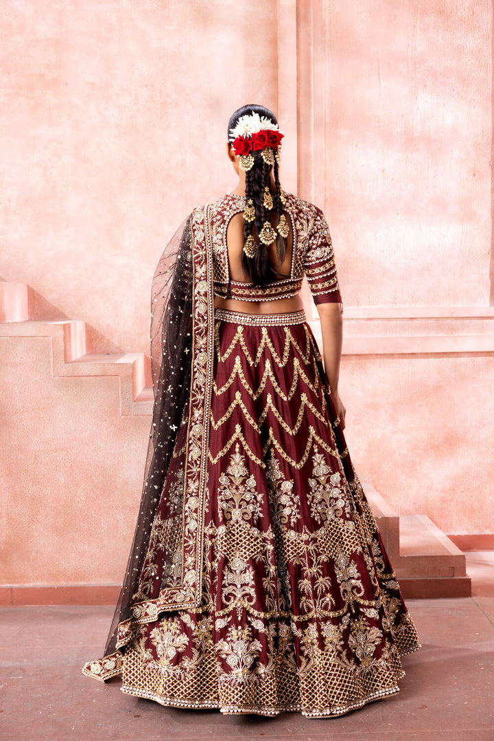 Sitara- Cocoa Maroon Lehenga - NSL FASHION PVT LTD