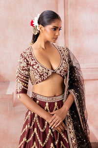 Sitara- Cocoa Maroon Lehenga - NSL FASHION PVT LTD