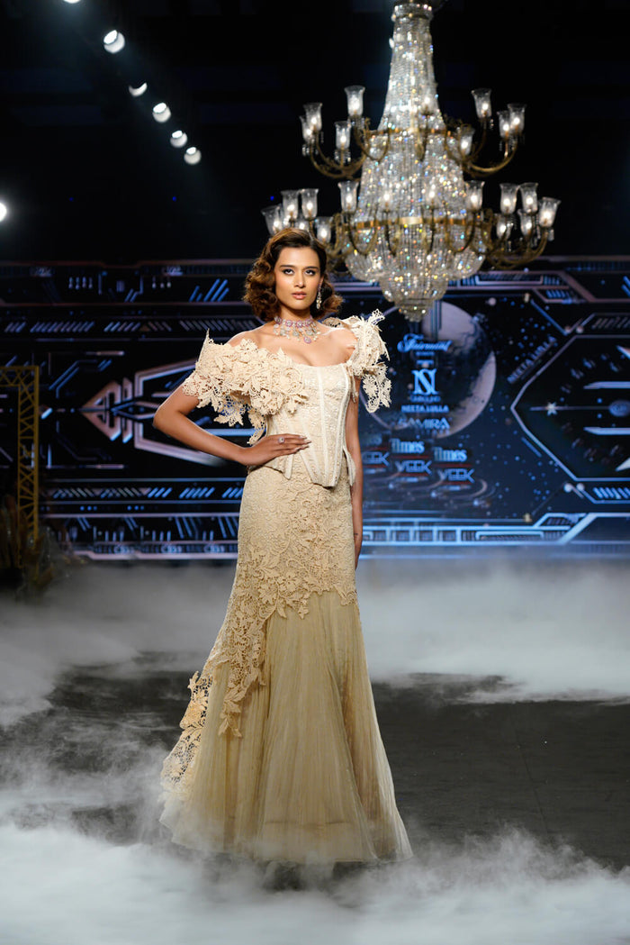 Talia - Ivory Lace Gown with 3D floral Embellishment - NSL FASHION PVT LTD