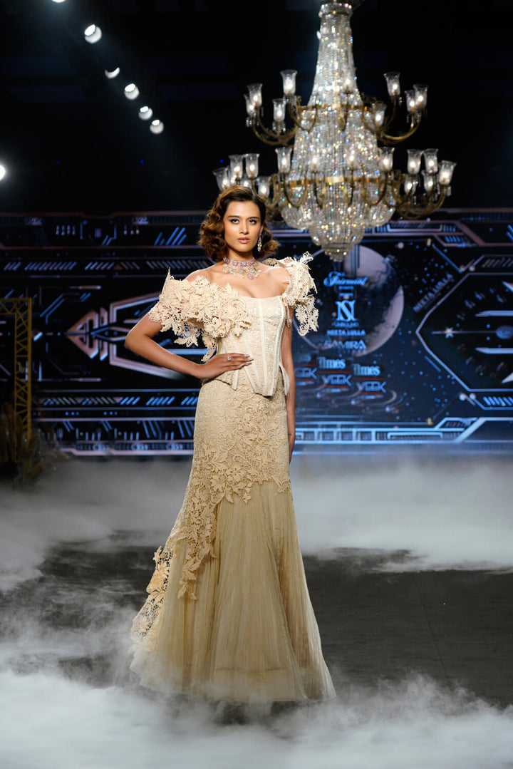 Talia - Ivory Lace Gown with 3D floral Embellishment - NSL FASHION PVT LTD