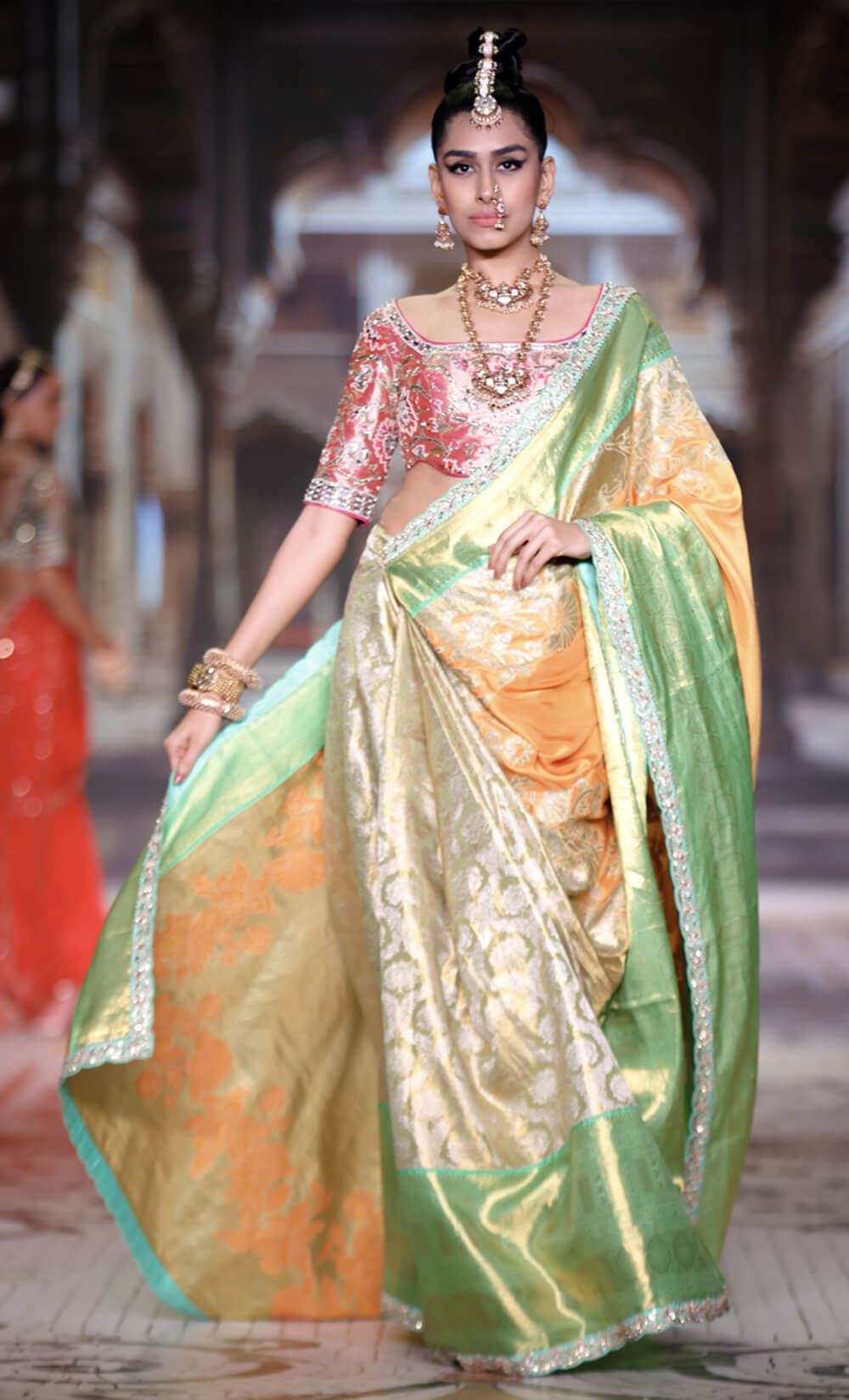 Neeta Lulla Morni detail view - Marigold yellow, Parrot green and Gold Kanjivaram saree for weddings, Mumbai and worldwide