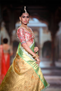 Neeta Lulla Morni detail view - Marigold yellow, Parrot green and Gold Kanjivaram saree for weddings, Mumbai and worldwide