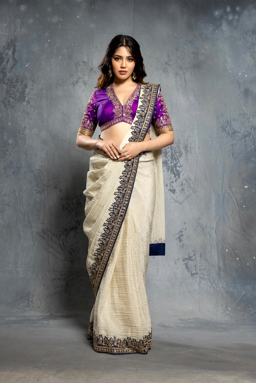 Vanilla Textured Tissue and Purple Silk Embellished Saree Set - NSL FASHION PVT LTD