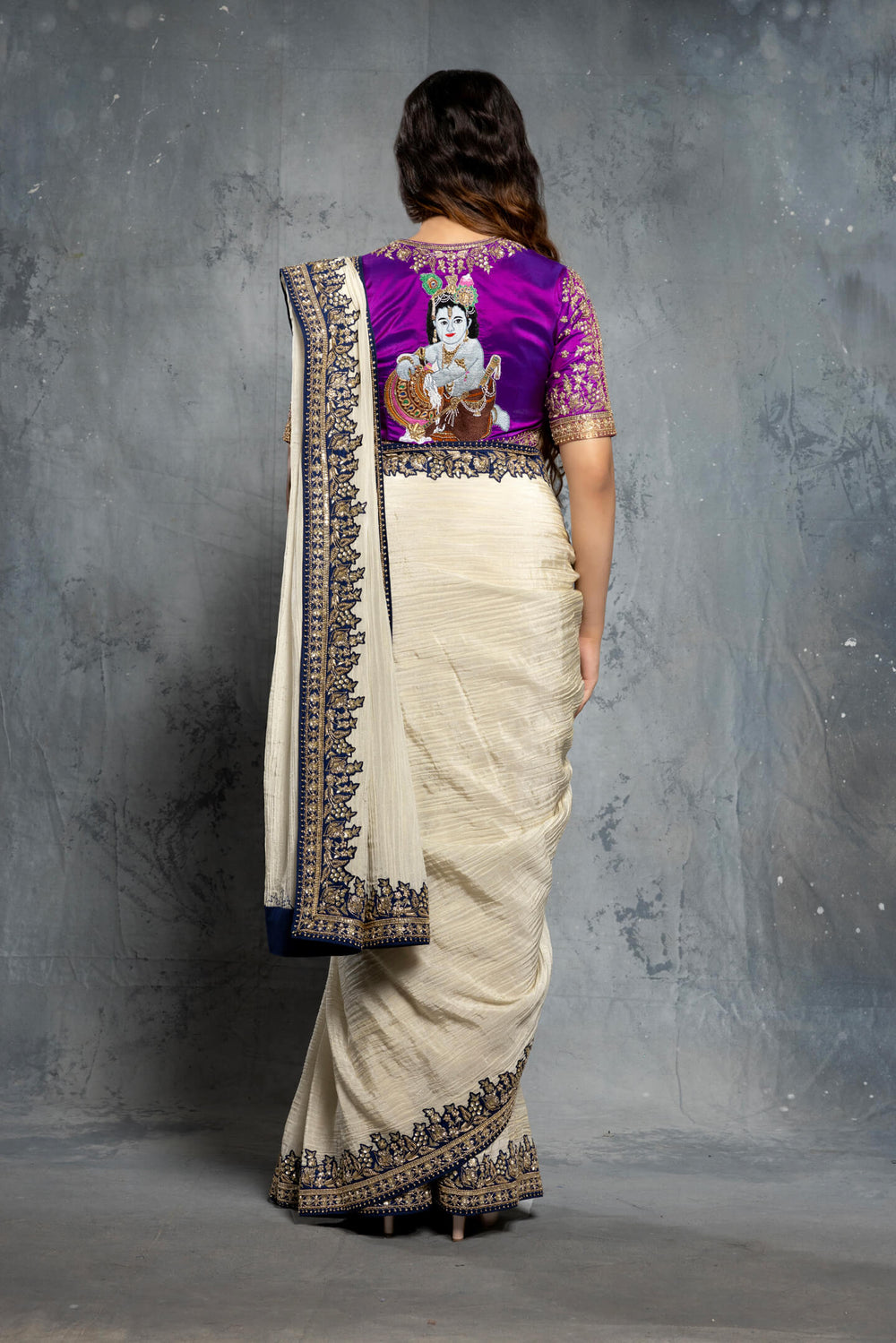 Vanilla Textured Tissue and Purple Silk Embellished Saree Set - NSL FASHION PVT LTD