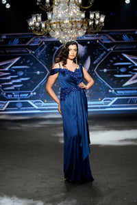 Velouria - Royal Blue Charmuse Satine Gown - NSL FASHION PVT LTD