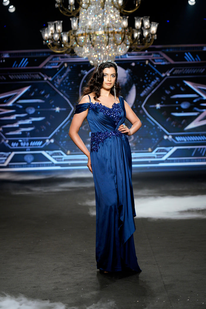 Velouria - Royal Blue Charmuse Satine Gown - NSL FASHION PVT LTD