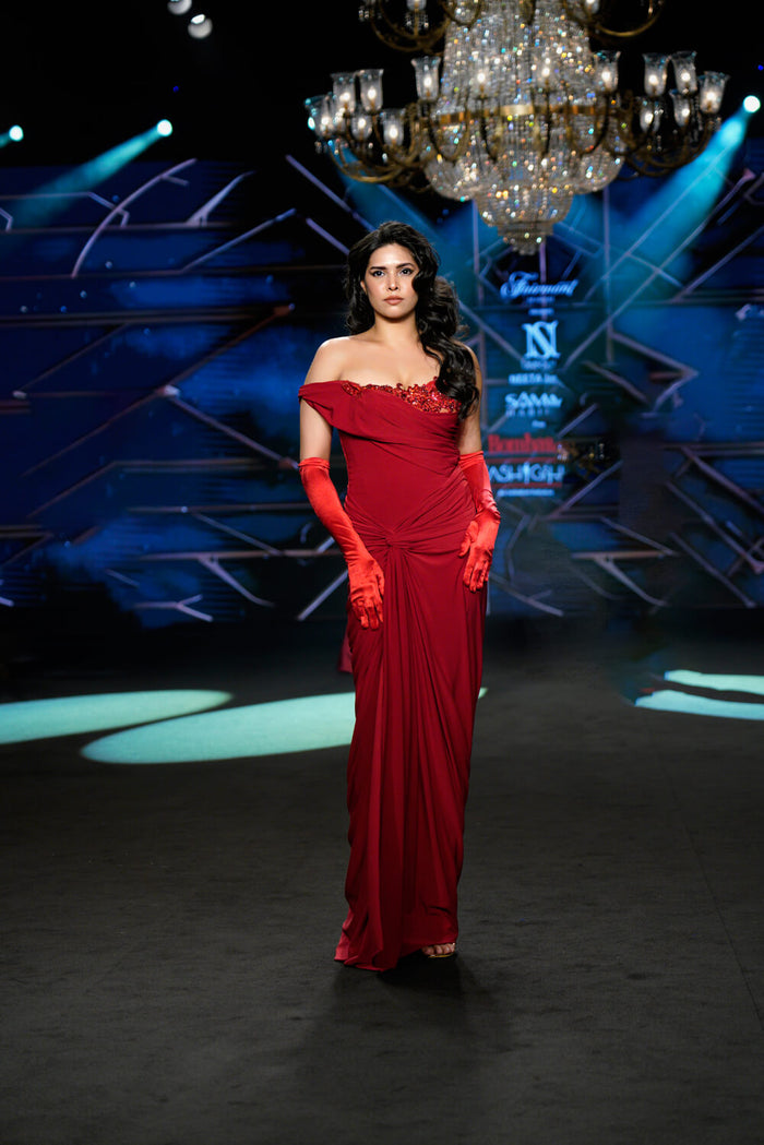 Vera - Scarlet Red Off Shoulder Gown - NSL FASHION PVT LTD