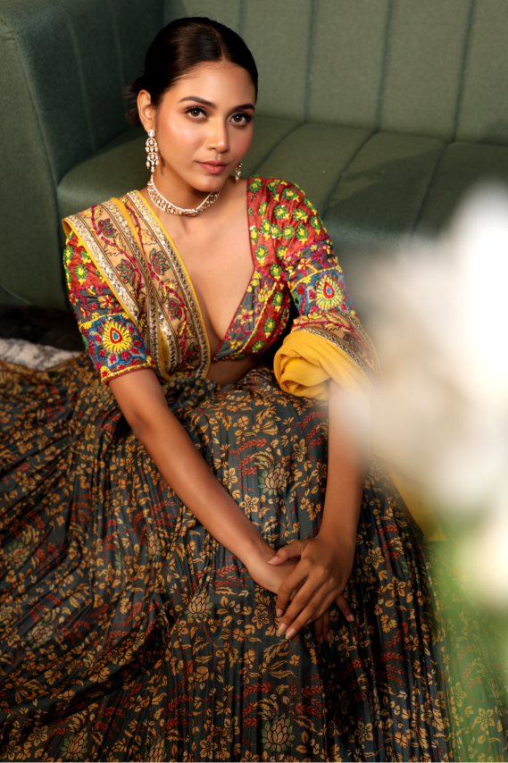 Chanderi Silk Grey Kalamkari Lehenga Set with Yellow Dupatta - NSL FASHION PVT LTD