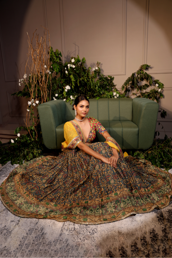 Chanderi Silk Grey Kalamkari Lehenga Set with Yellow Dupatta - NSL FASHION PVT LTD
