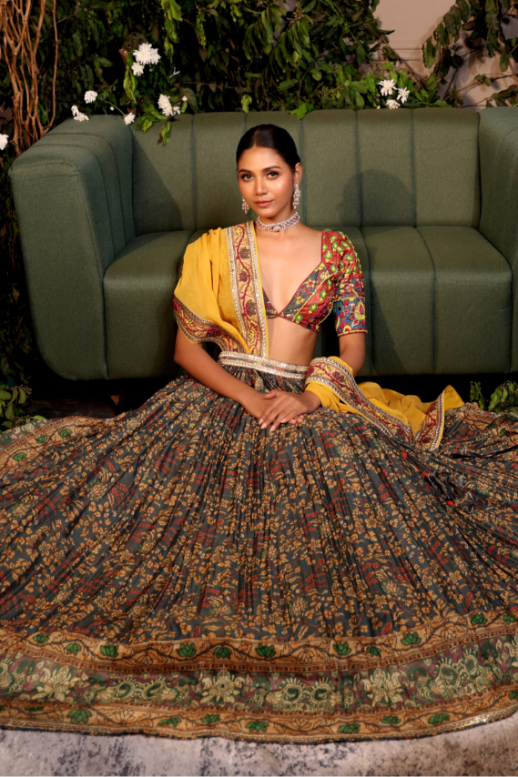 Chanderi Silk Grey Kalamkari Lehenga Set with Yellow Dupatta - NSL FASHION PVT LTD
