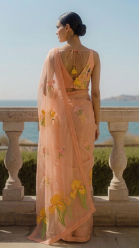 Apricot Peach Floral Organza Saree