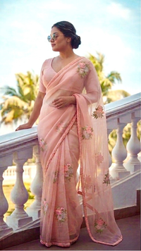 Shell Peach Floral Organza Saree