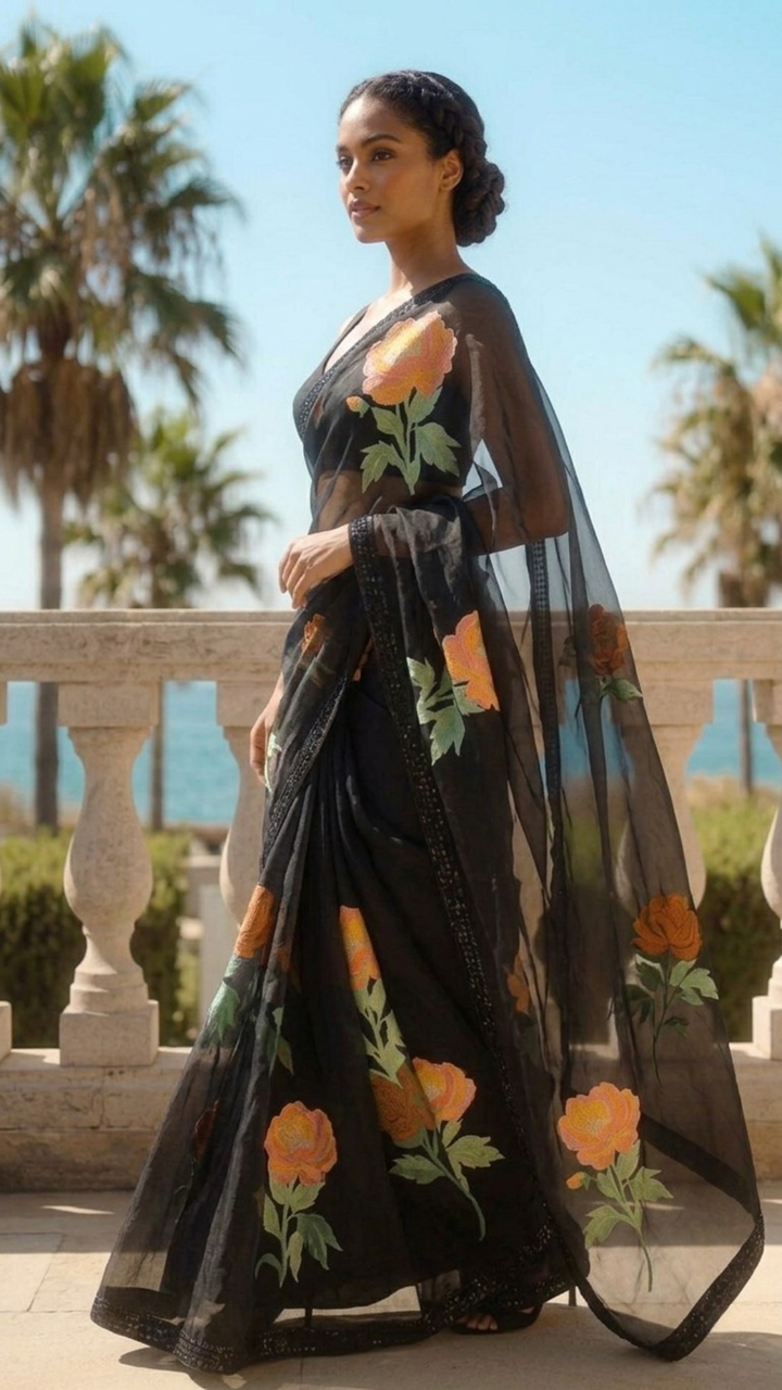 Ebony Black Floral Organza Saree