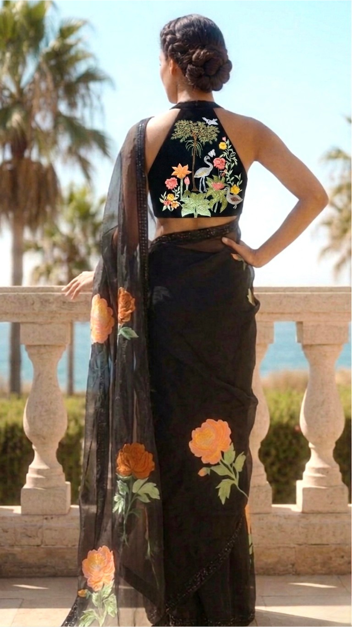 Ebony Black Floral Organza Saree