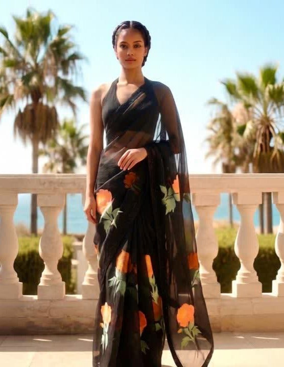 Ebony Black Floral Organza Saree