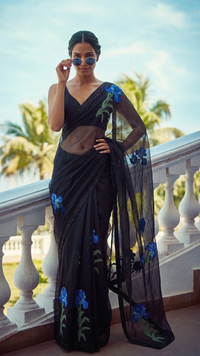 Ebony Black Floral Organza Saree