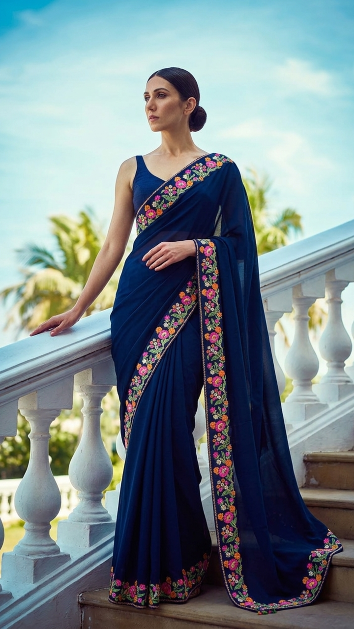 Midnight Blue Floral Saree