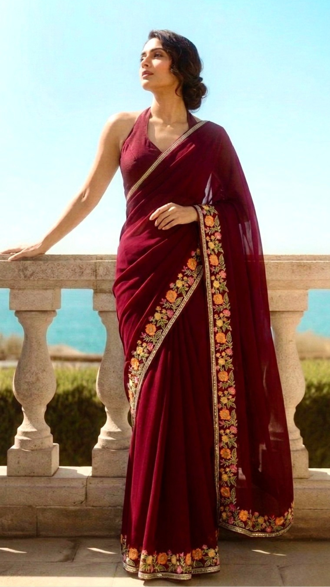 Garnet Red Blue Floral Saree