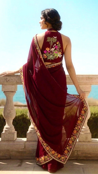 Garnet Red Blue Floral Saree