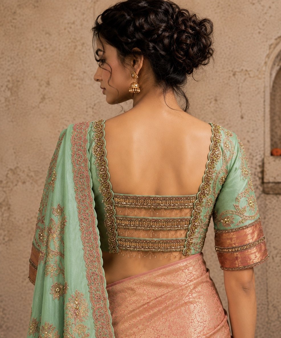 Pastel Mint & Peach Blush Kanjivaram Saree
