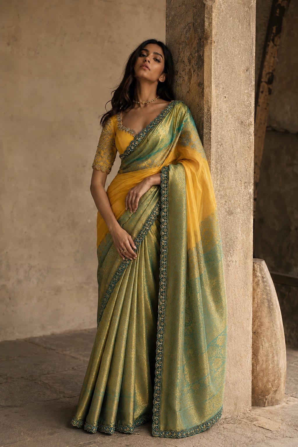 Neeta Lulla Marigold Yellow & Pistachio Green Kanjivaram Saree front view - Marigold Yellow / Pistachio Green Kanjivaram saree for weddings, Mumbai and worldwide