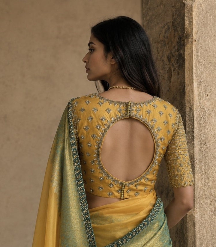 Neeta Lulla Marigold Yellow & Pistachio Green Kanjivaram Saree detail view - Marigold Yellow / Pistachio Green Kanjivaram saree for weddings, Mumbai and worldwide