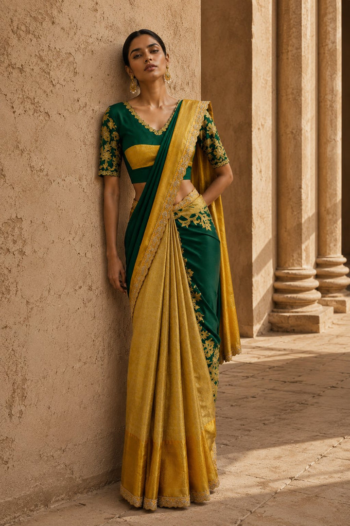 Neeta Lulla Emerald Green & Antique Gold Kanjivaram Silk Saree front view - Emerald Green / Mustard Gold Kanjivaram saree for weddings, Mumbai and worldwide
