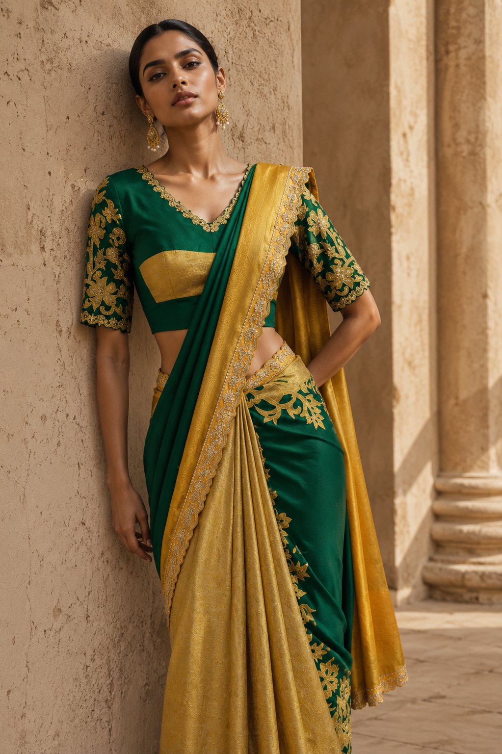Neeta Lulla Emerald Green & Antique Gold Kanjivaram Silk Saree detail view - Emerald Green / Mustard Gold Kanjivaram saree for weddings, Mumbai and worldwide