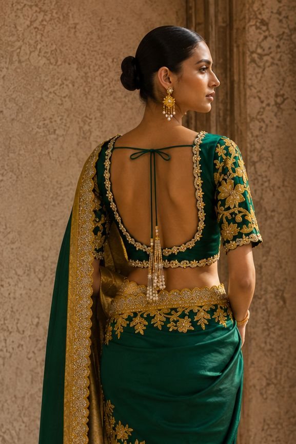 Neeta Lulla Emerald Green & Antique Gold Kanjivaram Silk Saree detail view - Emerald Green / Mustard Gold Kanjivaram saree for weddings, Mumbai and worldwide