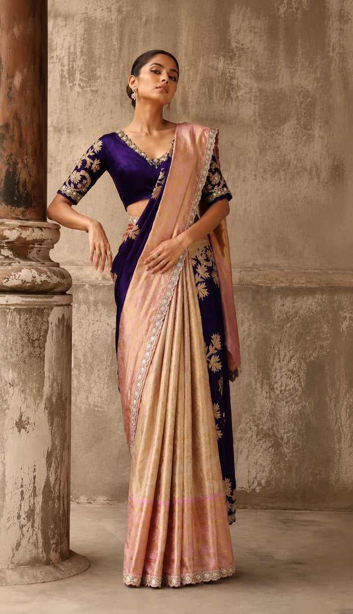 Neeta Lulla Royal Amethyst & Blush Rose Kanjivaram Silk Saree front view - Amethyst Purple / Blush Rose Kanjivaram saree for weddings, Mumbai and worldwide