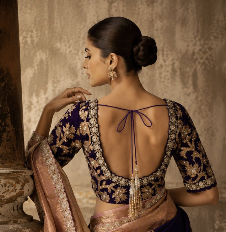 Neeta Lulla Royal Amethyst & Blush Rose Kanjivaram Silk Saree detail view - Amethyst Purple / Blush Rose Kanjivaram saree for weddings, Mumbai and worldwide
