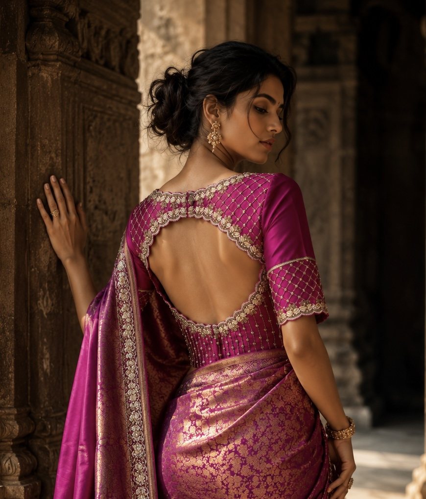 Neeta Lulla Hot Pink & Rose Gold Kanjivaram Saree detail view - Hot Pink / Antique Rose Gold Kanjivaram saree for weddings, Mumbai and worldwide