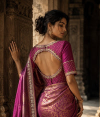Neeta Lulla Hot Pink & Rose Gold Kanjivaram Saree detail view - Hot Pink / Antique Rose Gold Kanjivaram saree for weddings, Mumbai and worldwide