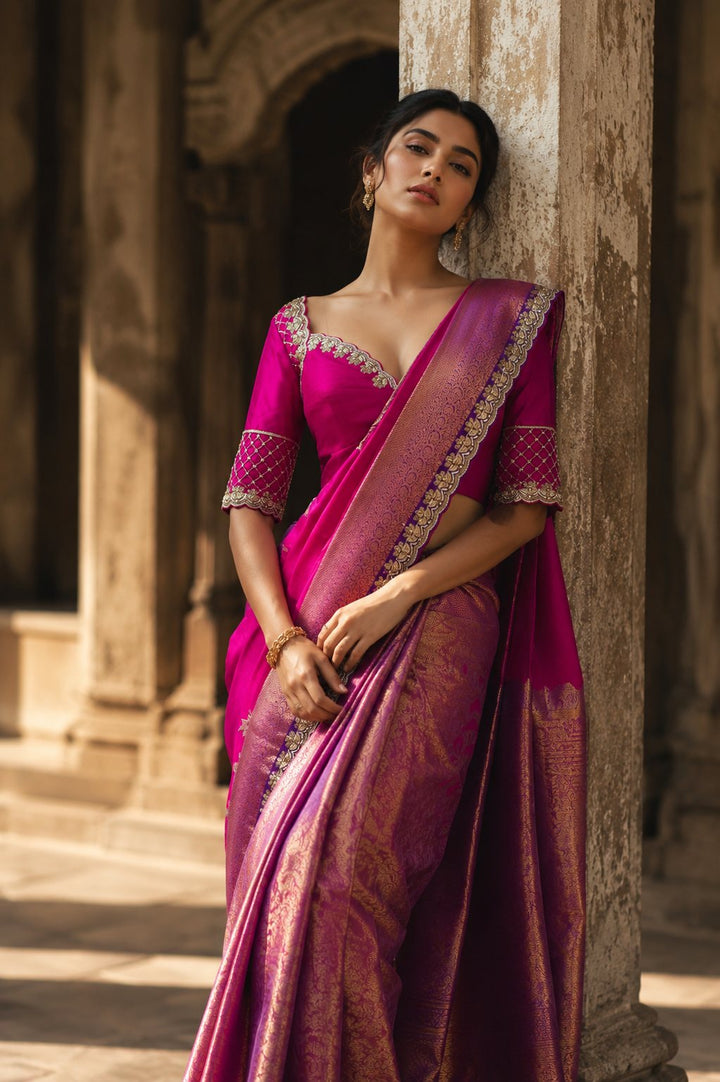 Neeta Lulla Hot Pink & Rose Gold Kanjivaram Saree front view - Hot Pink / Antique Rose Gold Kanjivaram saree for weddings, Mumbai and worldwide
