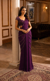 Neeta Lulla Summer Luxe '26 Pre-draped Concept Saree | Deep Burgundy - Deep Burgundy Pre-draped Concept Saree | Chiffon & Tulle with Crystal, Beads & Sequin