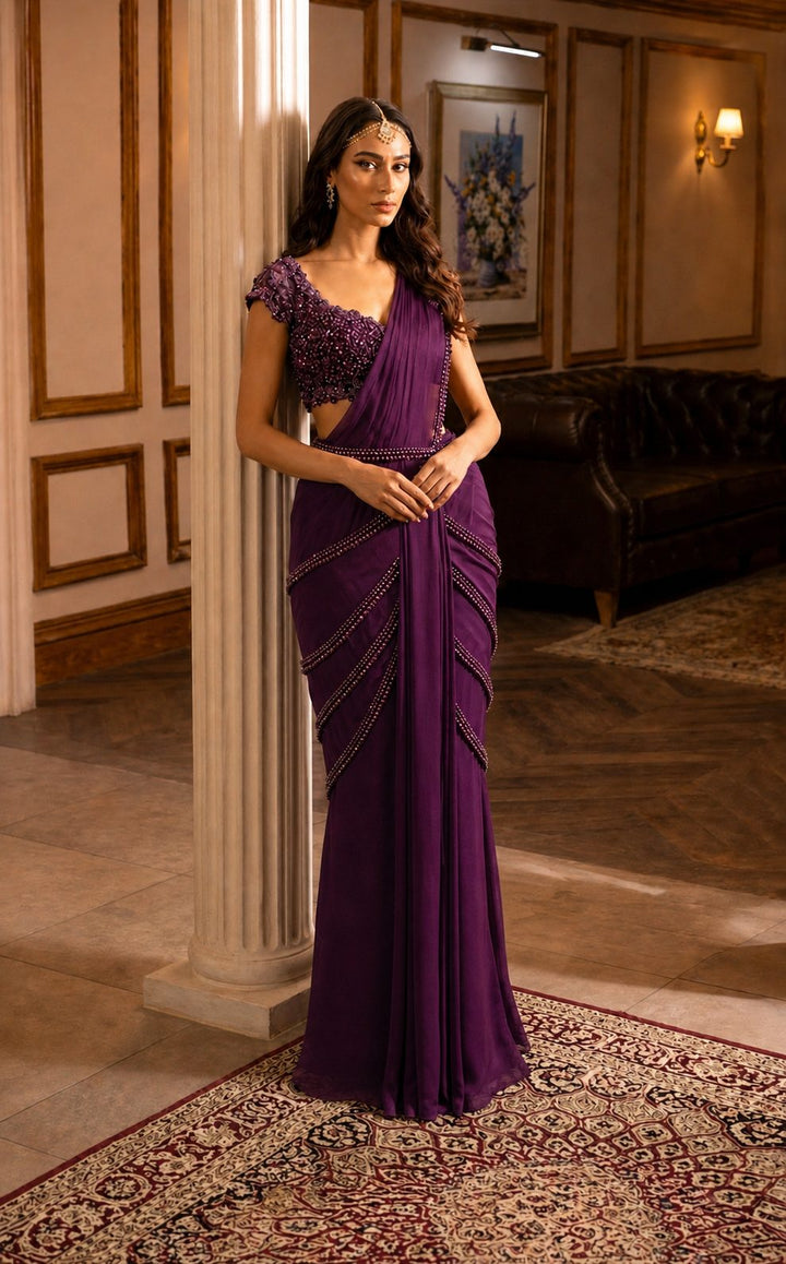 Neeta Lulla Summer Luxe '26 Pre-draped Concept Saree | Deep Burgundy - Deep Burgundy Pre-draped Concept Saree | Chiffon & Tulle with Crystal, Beads & Sequin