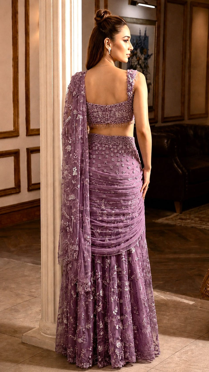 Neeta Lulla Summer Luxe '26 Pre-draped Concept Saree | Dusty Mauve - Dusty Mauve Pre-draped Concept Saree | Tulle with Crystal, Stones & Sequins