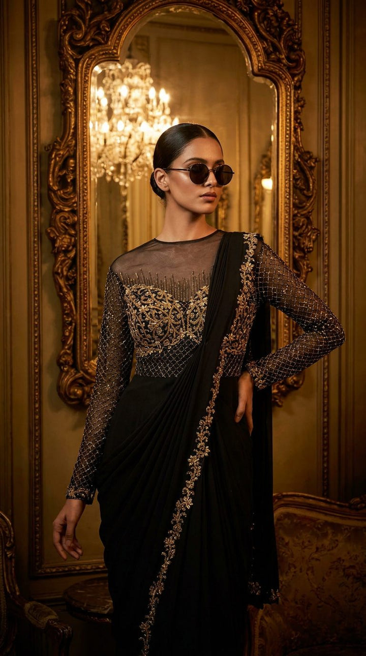 Neeta Lulla Summer Luxe '26 Pre-draped Concept Saree | Ebony Black - Ebony Black Pre-draped Concept Saree | Crepe & Tulle with Sequin, Cutdana & Crystal